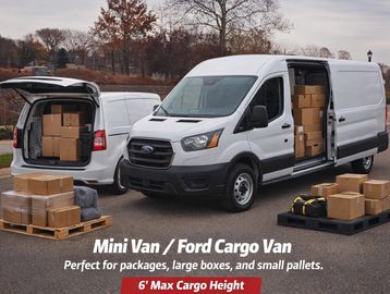 White Ford cargo vans loaded with packages and boxes in an outdoor setting.