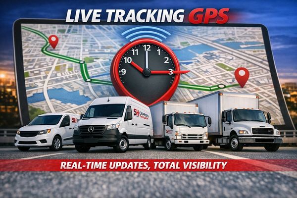 Fleet of delivery vehicles with GPS live tracking and real-time updates.
