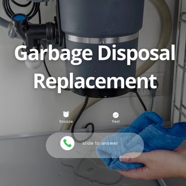 Leaking garbage disposal under sink with text overlay about replacement.