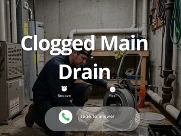 Plumber using a drain snake to clear a clogged main drain in a basement.