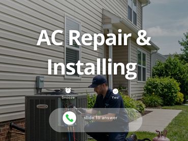 Technician repairing an outdoor air conditioning unit beside a house.
