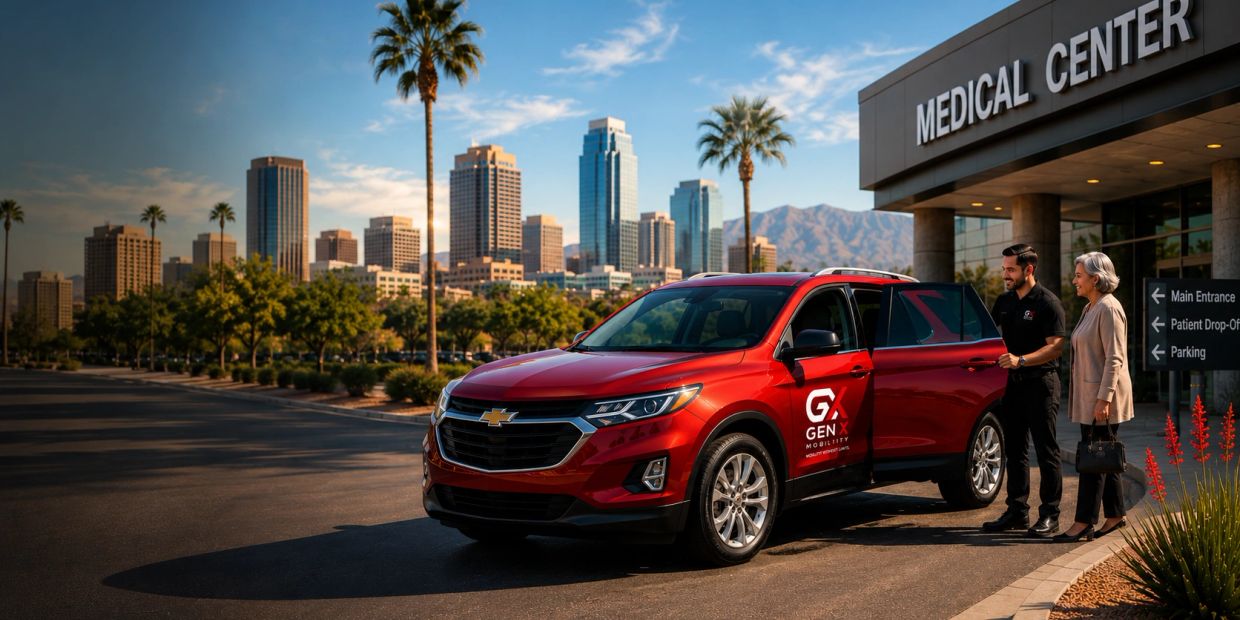Red Gen X Mobility vehicle outside a medical center with two people.