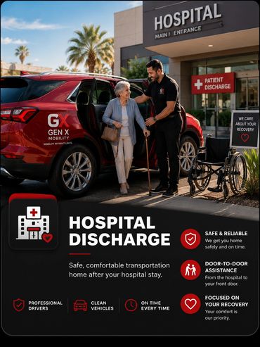 Elderly woman assisted by driver outside hospital with wheelchair and care signs.