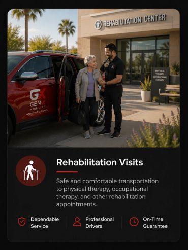 Elderly woman assisted by driver at rehabilitation center.