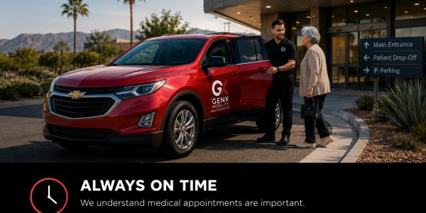 A driver helps an elderly woman out of a red GENX Mobility vehicle at a medical facility.