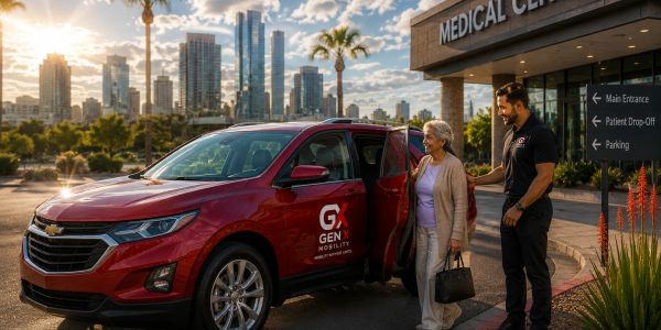 A man helps an elderly woman out of a red car at a medical center.