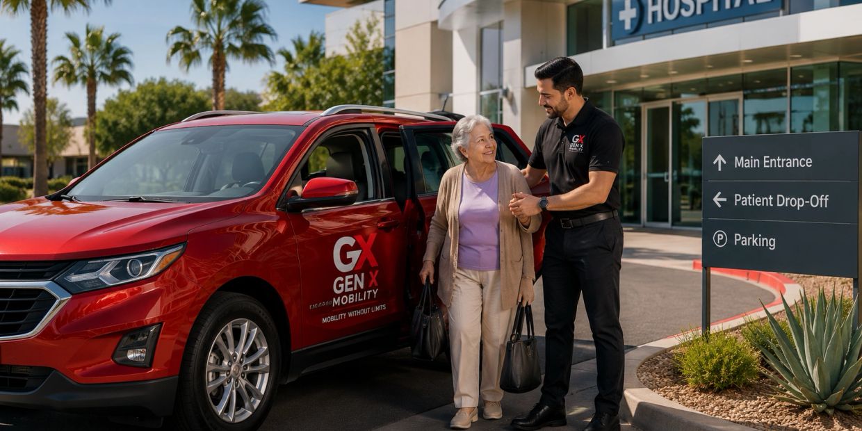 Man assisting elderly woman from a car outside a hospital.