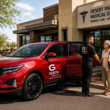 Man shaking hands with a woman by a red GEN X Mobility vehicle.