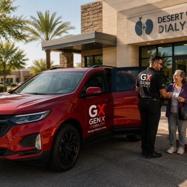 A caregiver helps a senior woman by a red vehicle outside a dialysis center.