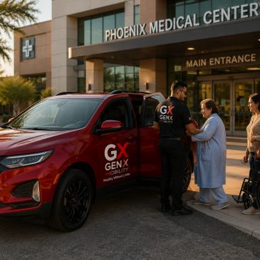 A GenX Mobility driver helps a woman outside Phoenix Medical Center.