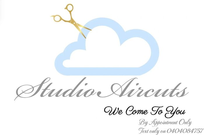 Studio Aircuts logo with scissors and cloud, offering mobile haircut services.