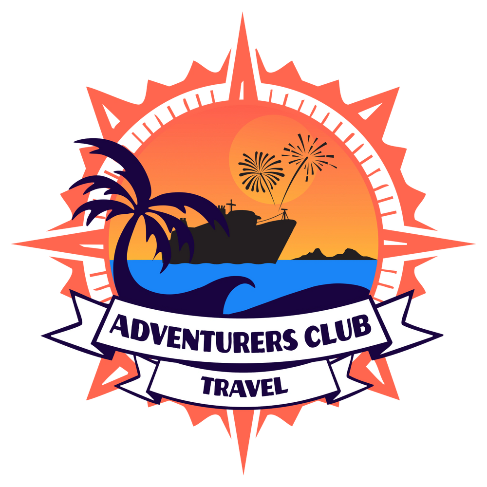 Logo for Adventurers Club Travel featuring a sunset, ship, palm tree, and fireworks.