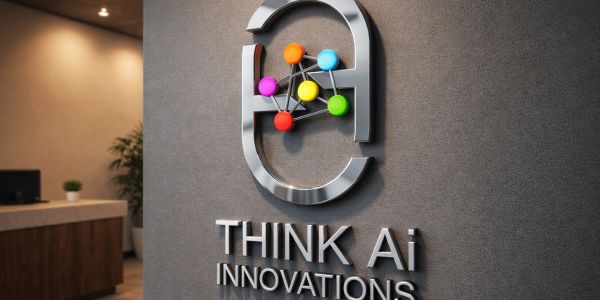 Modern office wall with THINK Ai INNOVATIONS logo and colorful connected nodes.