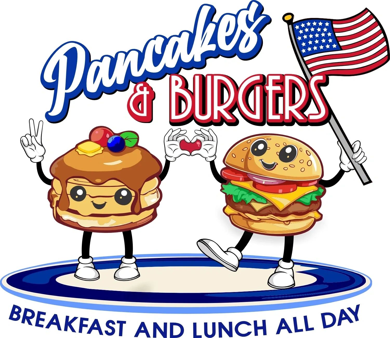 Cute cartoon pancakes and burger characters promoting all-day breakfast and lunch.