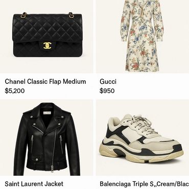 Chanel black bag, Gucci dress, Saint Laurent jacket, & Balenciaga sneakers displayed in a four grid.