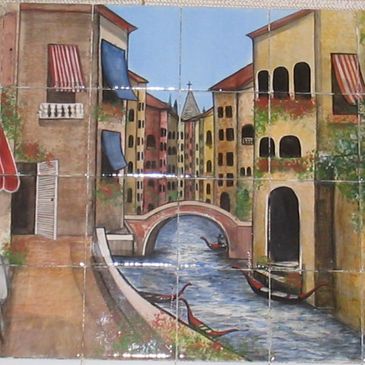 Ceramic tile mural depicting the canals of  Venice, Italy.