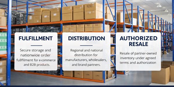 Warehouse services highlighting fulfillment, distribution, and authorized resale options.