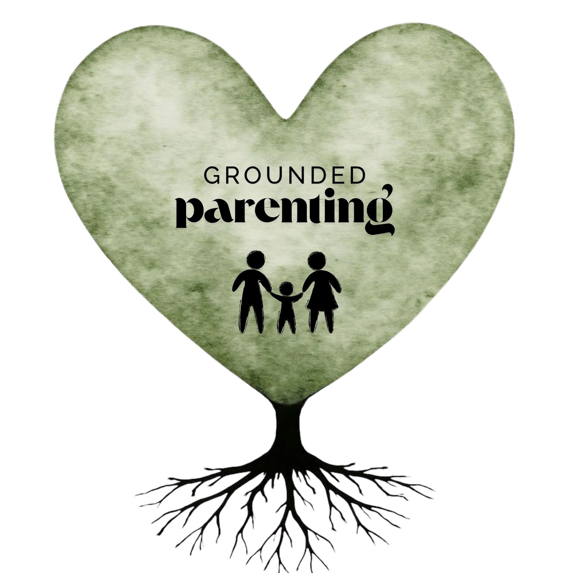 A heart-shaped tree with roots and a family icon representing grounded parenting.
