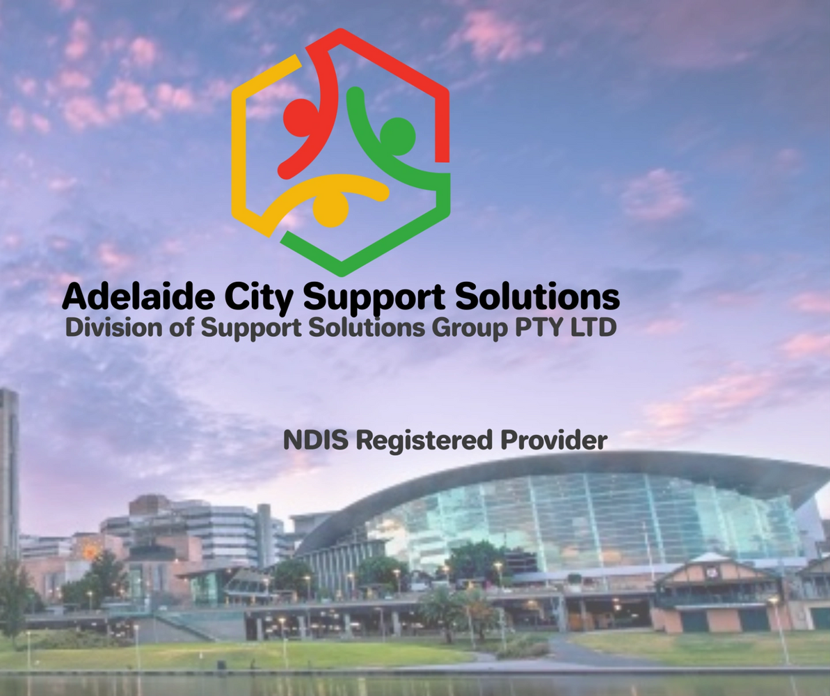 Adelaide City Support Solutions logo over cityscape with sunset sky.