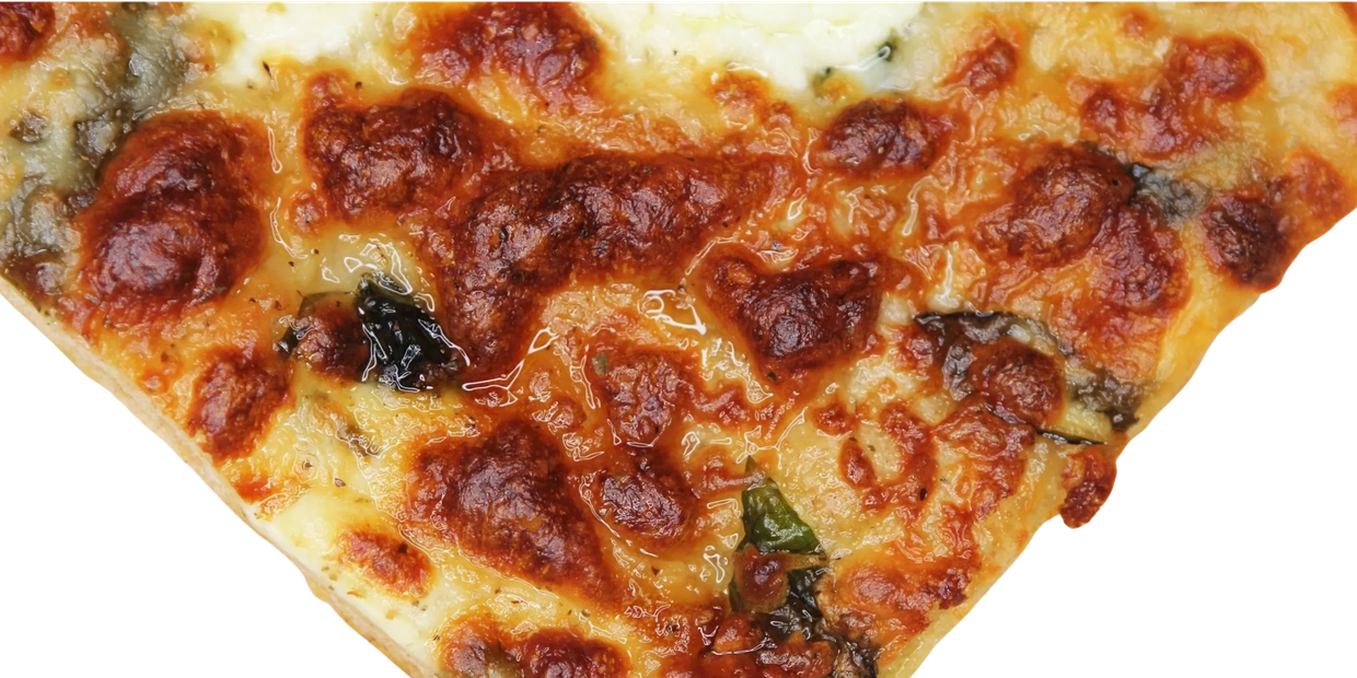 Close-up of a cheesy pizza slice with browned spots and herbs.