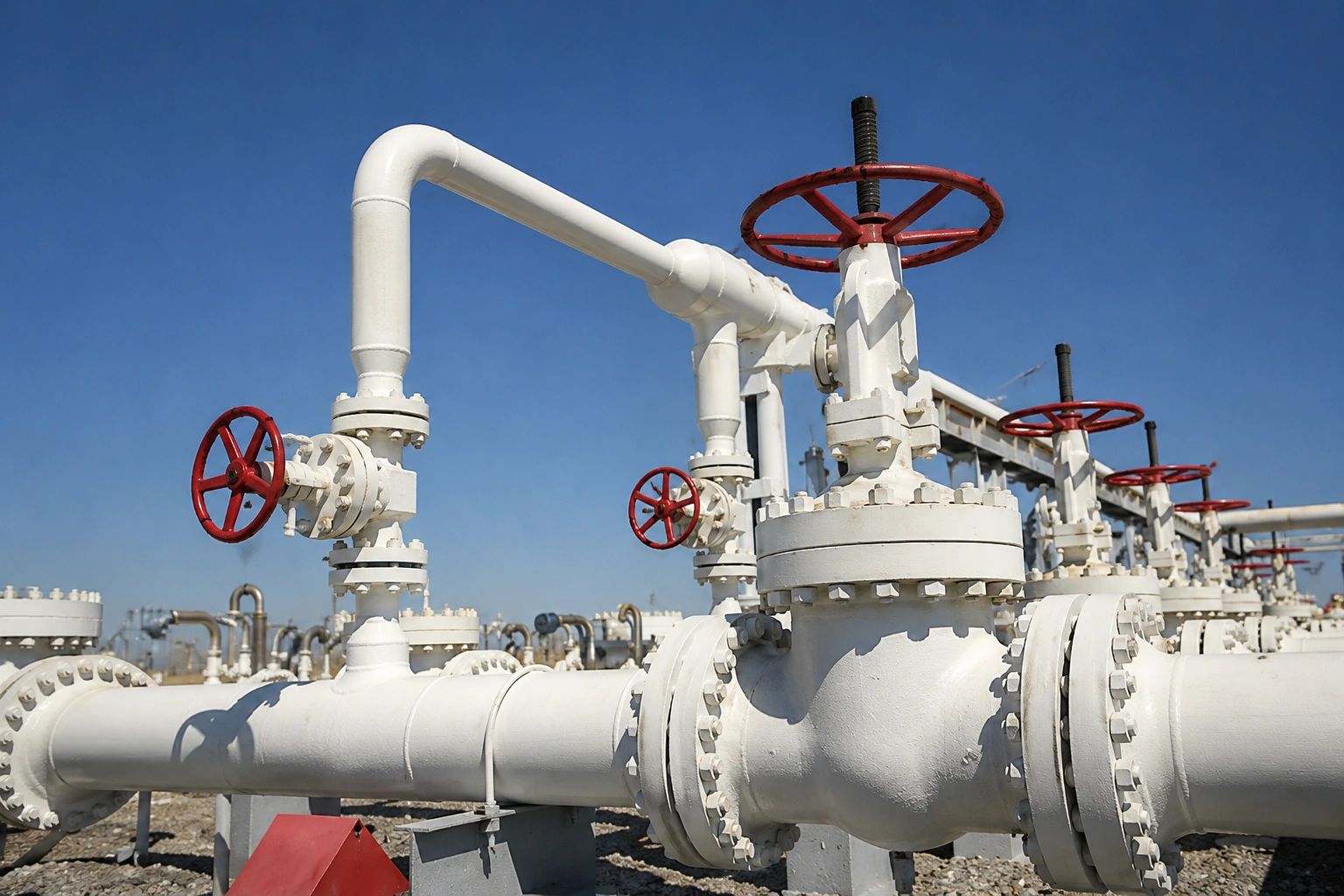 White industrial pipelines with red valves.