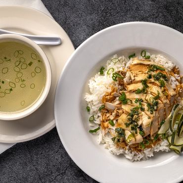 Chinese Poached Chicken and Bone Broth with Rice at Brick and Mortar