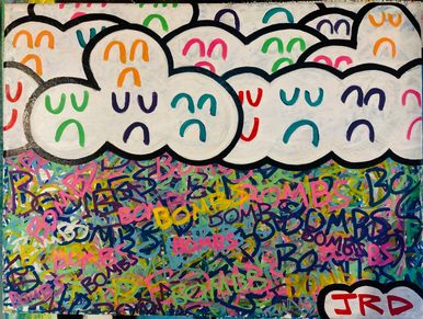 Colorful graffiti with sad and happy faces in cloud shapes above a chaotic mix of words.