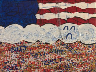 Abstract art with American flag, clouds, and repeated "SHIT" text.