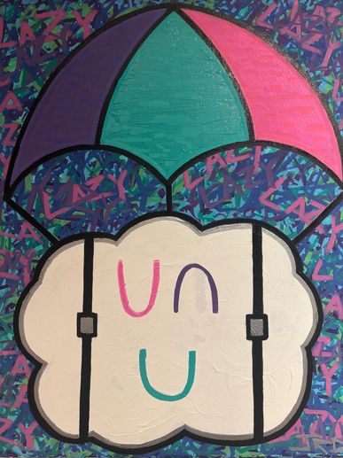 Colorful umbrella shelters a smiling cloud with 'un' and 'u' letters.