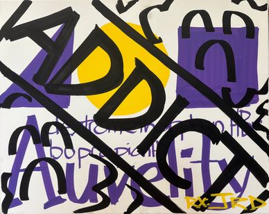 Abstract graffiti art with bold black letters, purple shapes, and yellow accents.