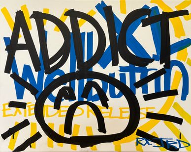 Bold graffiti-style text saying 'ADDICT' with a sad face illustration.