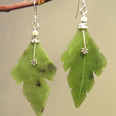 Handmade earrings with antique carved jade leaves with pearls and sterling silver, by AlmaMia.