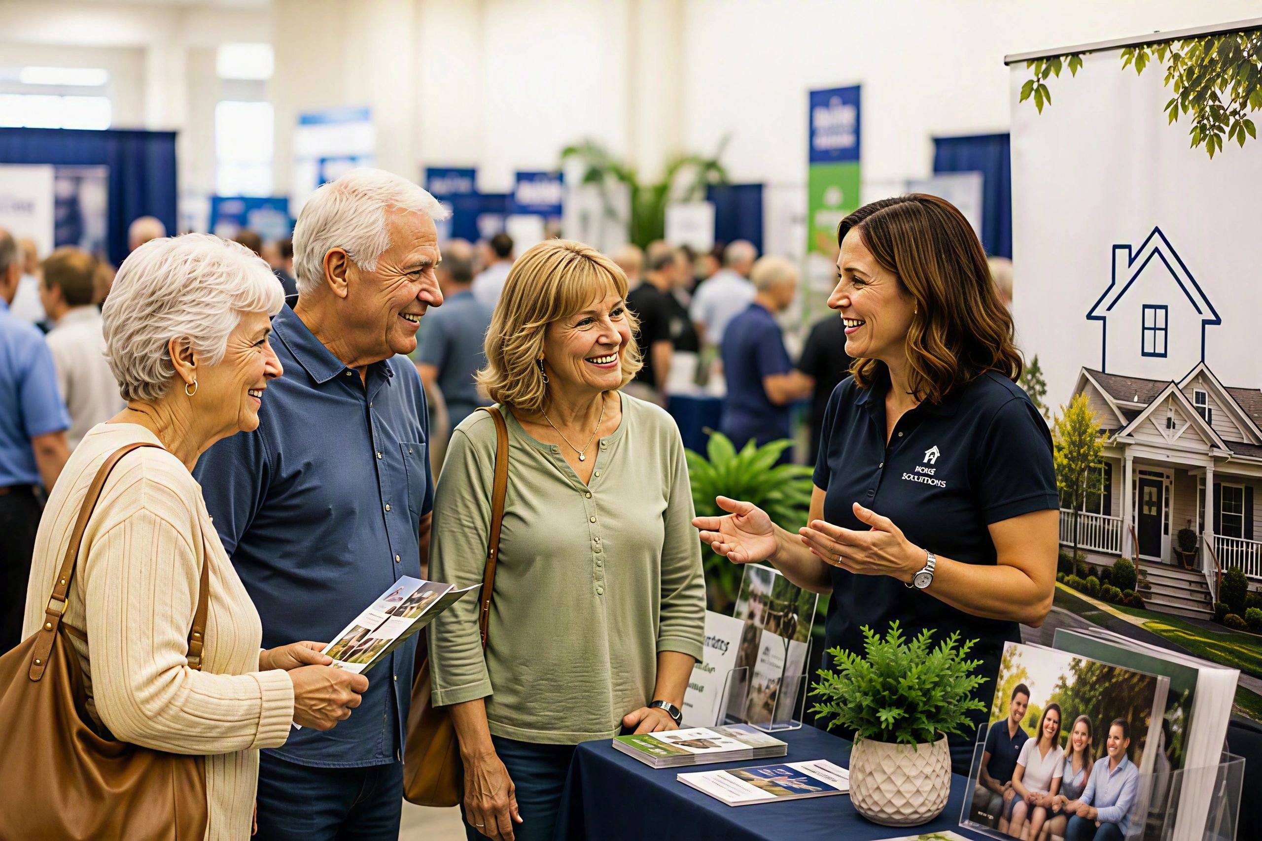 Happy seniors talking with a real estate agent at a home fair.