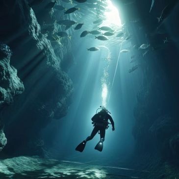 deep scuba diver near the ocean floor with fish near the water's surface with light shining through