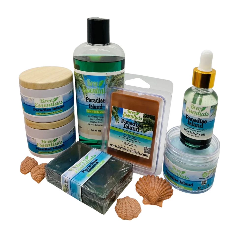 Paradise Island collection featuring body care products with a tropical scent and beach-themed