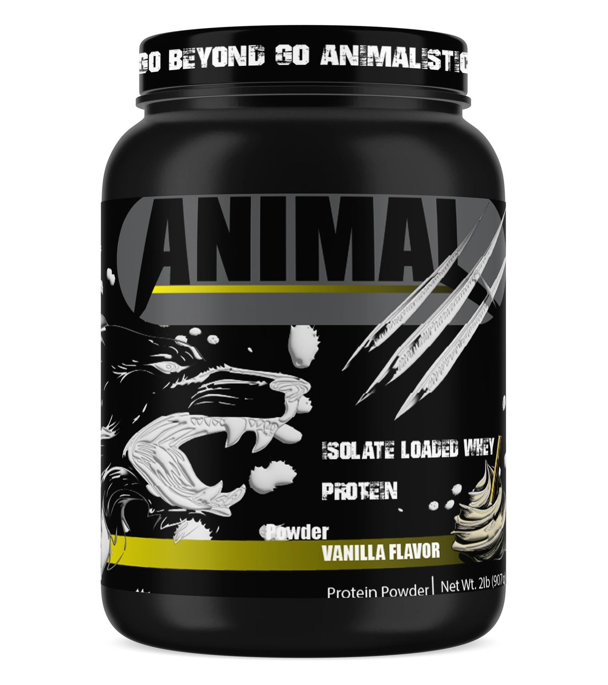 Black container of Animal whey protein powder with a fierce animal design and vanilla flavor.