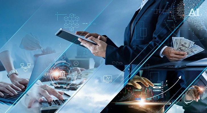 Collage showing AI's role in finance and technology.
