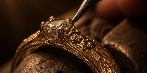 Close-up of a jeweler setting a diamond in a gold ring.