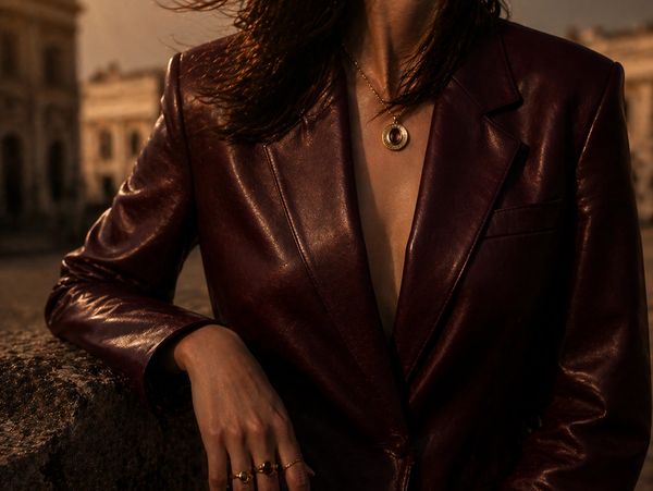 Person wearing a dark brown leather jacket and gold necklace in warm light.