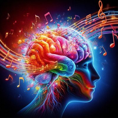 A brain with flowing musical notes symbolising the effectiveness and personalisation of BrainMusic.