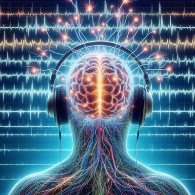Human brain with headphones, illuminated neural pathways, and EEG waveforms in the background.