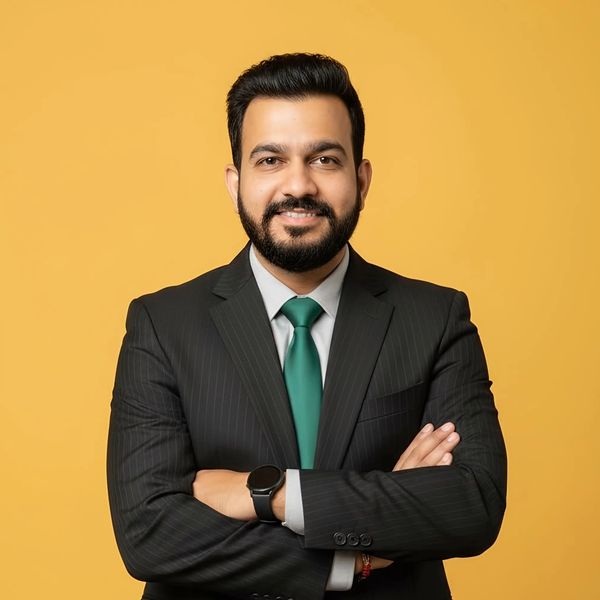 Confident man in suit with arms crossed against yellow background.