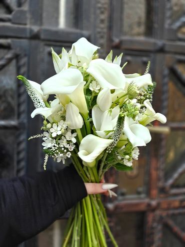 Elegant bouquet with calla lilies, tulips, oxypetalum and protea
