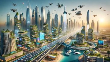 Futuristic cityscape with flying drones and advanced architecture at sunset.