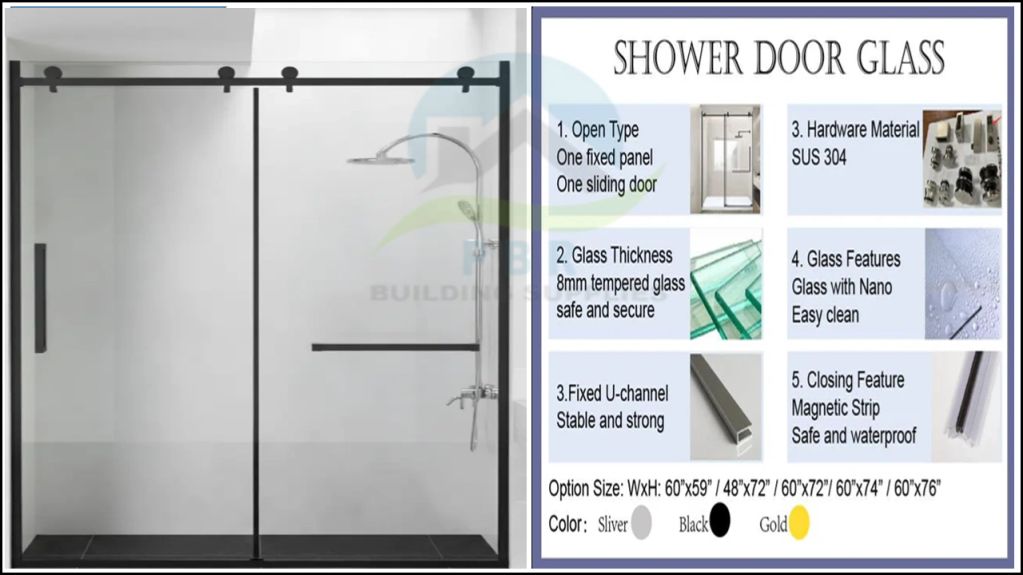 Sliding glass shower door with technical specifications.