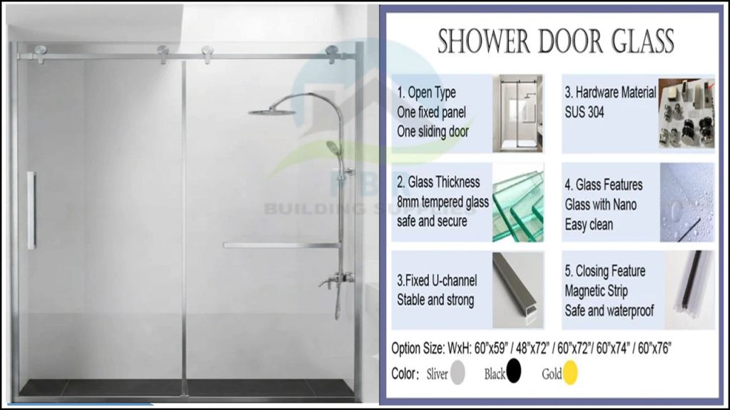 Modern frameless sliding shower door with tempered glass.