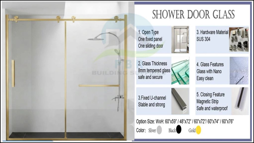 Modern shower door with gold sliding hardware and safety features.