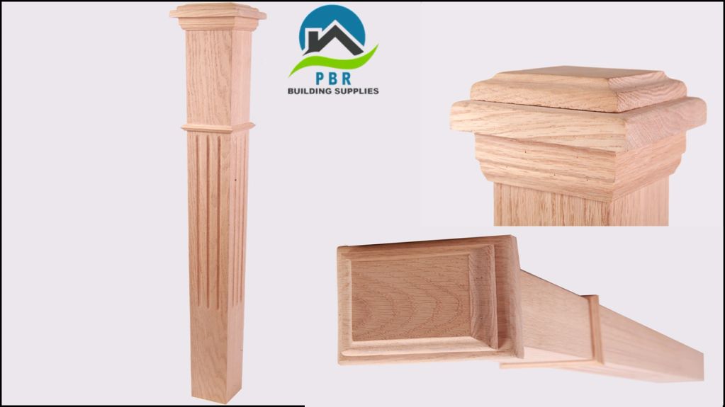 Wooden newel post with detailed molding from PBR Building Supplies.