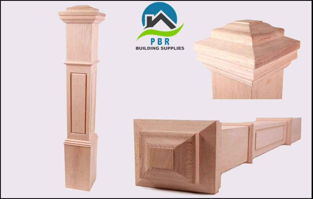 Wooden newel post with cap from PBR Building Supplies.