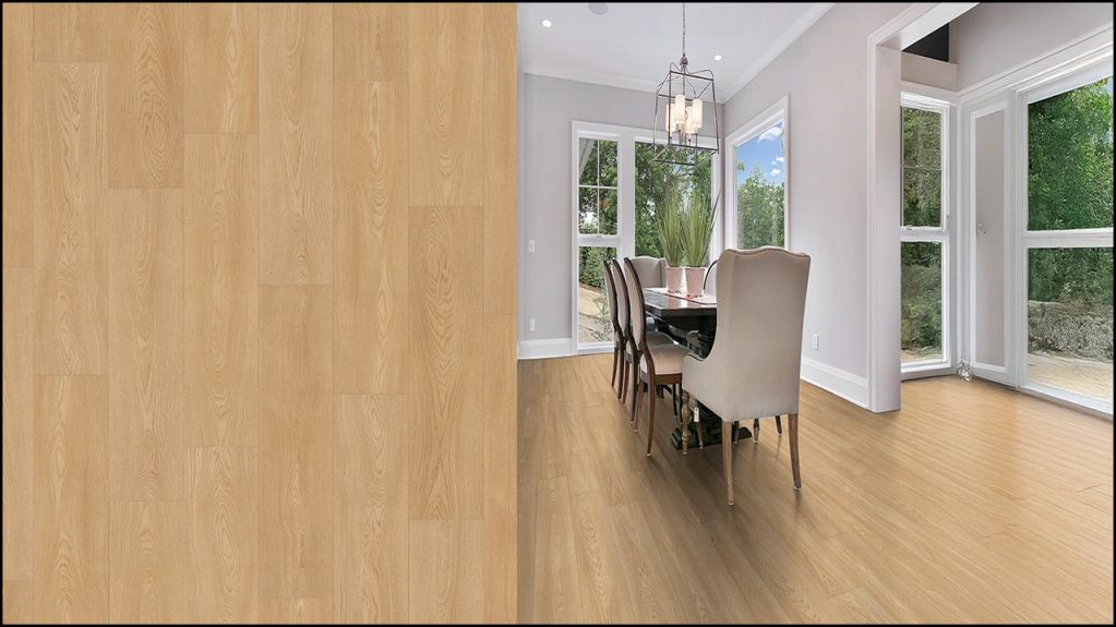 Modern dining area with natural wood flooring and large windows.